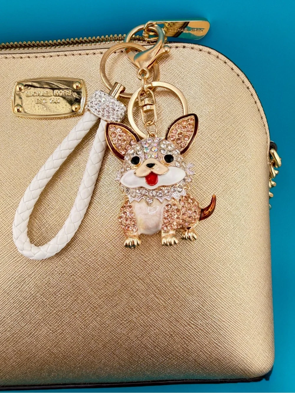 🐶 White & Gold CORGI PUPPY DOG Crystal Rhinestone Bag Charm /Keychain + Key Ring
